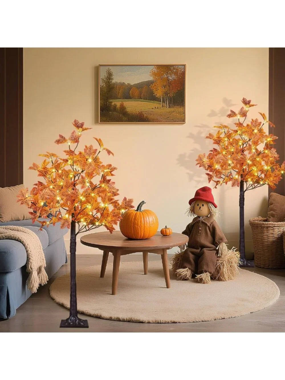2PCS 4FT LED Lighted Maple Trees - Warm White & Orange Fall Decor for Halloween